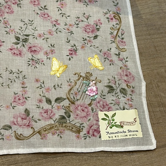 Vintage Floral Designer Signed Scarf With Harp & Embroidered Butterflies - Picture 4 of 5